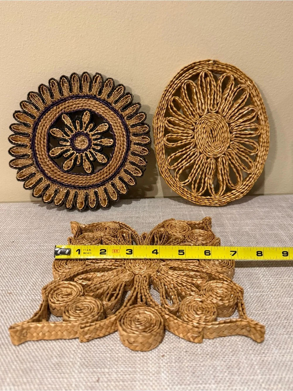 Vintage Woven Straw Rattan Trivets Lot Wall Decor Set of 3 Floral Boho